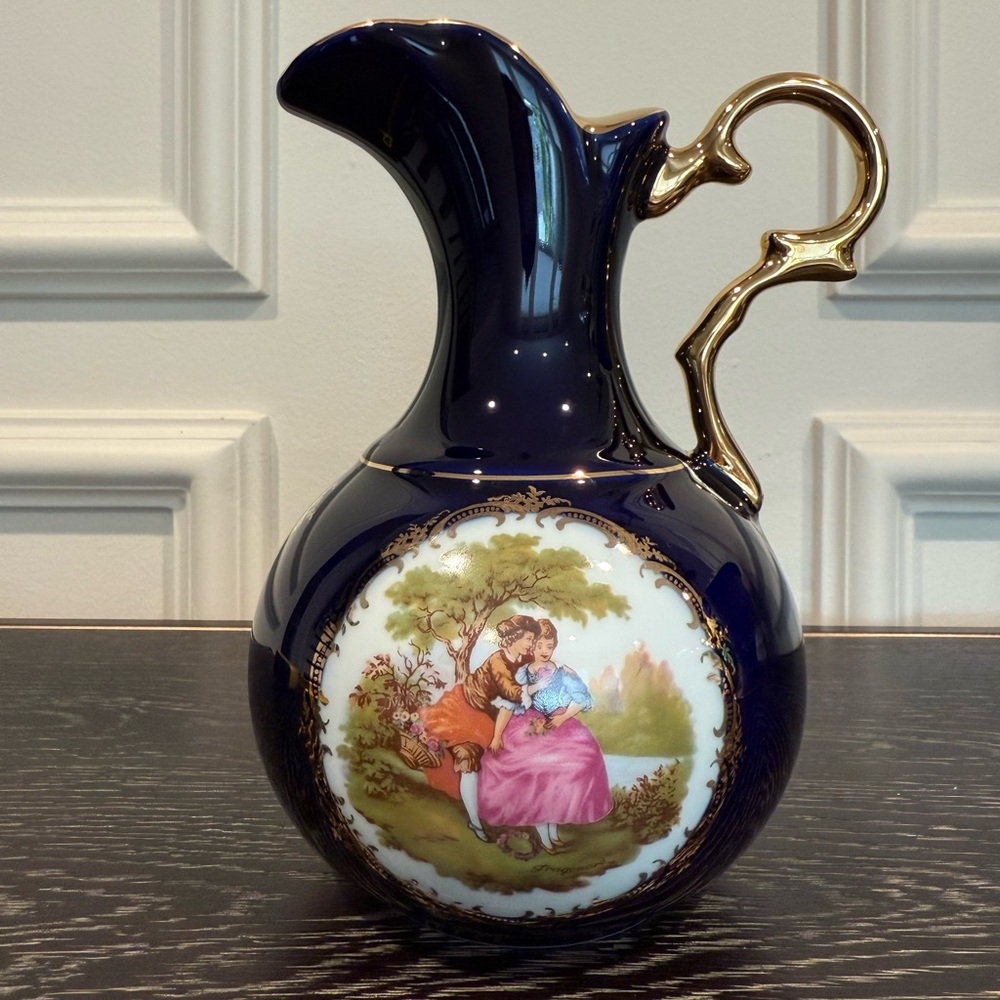 Limoges Castel France Cobalt Blue Porcelain Pitcher Vase Courting Scene